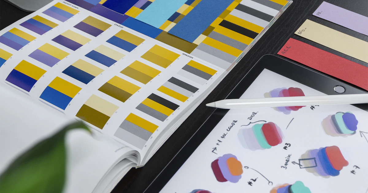 Designer working on a laptop with color swatches on screen