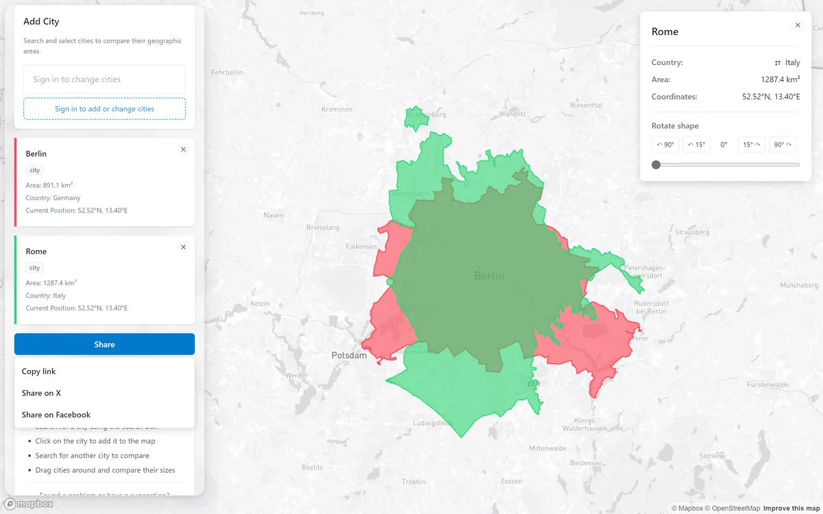 CompareCitySizes.com: Share copies a link that reopens the same cities for whoever follows it.