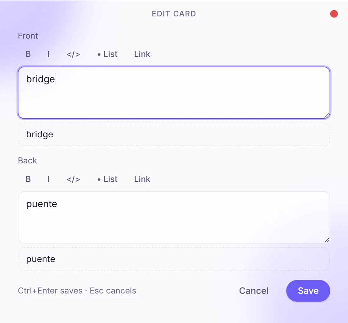 WindaLearn: Editing a card: bold, italic, code, lists and links on either side, with a live preview under each.