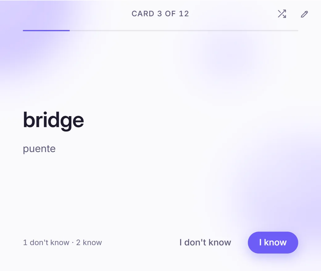 WindaLearn: The popup after Space: front and back, then “I know” or “I don’t know”.