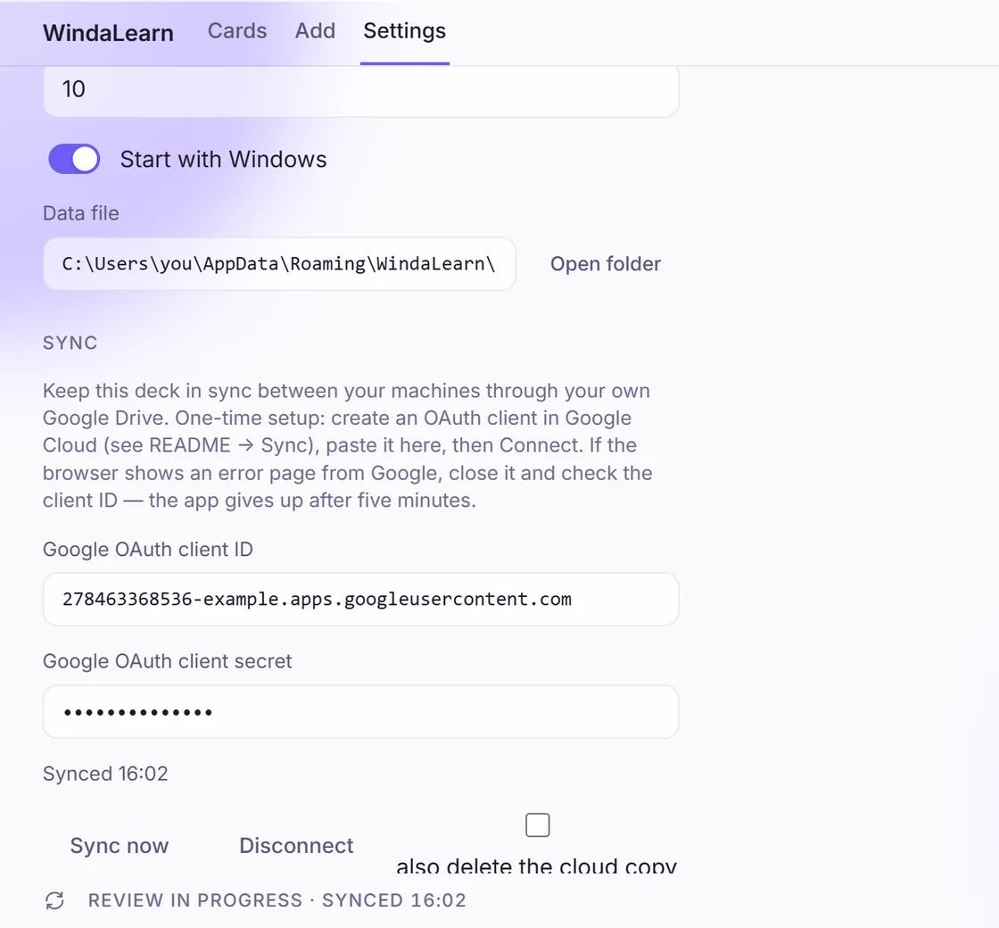 WindaLearn: Settings: start with Windows, the data file’s location, and Google Drive sync with your own OAuth client.
